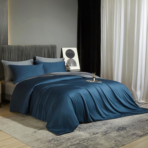 Luowei Juego de ropa de cama de bambú de 135 x 200 cm, 4 piezas, color azul, para verano, refrescante, antisudoración, suave, de alta calidad, 100% bambú, con cremallera y 2 fundas de almohada de 80 x