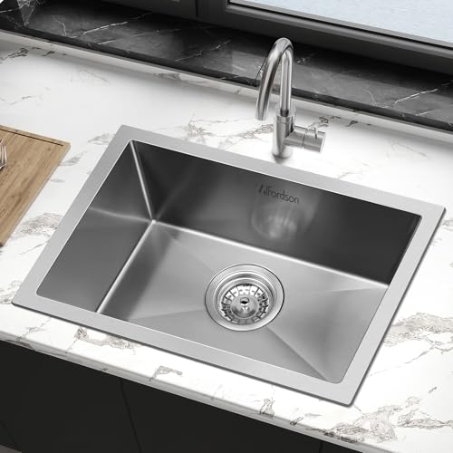 ALFORDSON Kitchen Sink Single Bowl with Waste Strainer, 450 x 300 x 220mm, 304 Stainless Steel Water Basin Sinks with 3mm Thick Edge in Silver