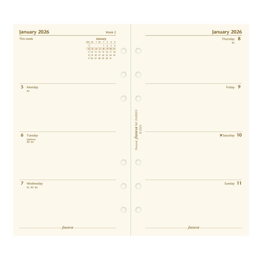 Filofax Week on Two Pages 2026 Personal Cotton Cream Diary Refill, English, 3.74"x6.73"