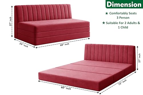 Image of 3-Seater Foldable Floor Sofa Bed with, Modern Velvet Fabric Folding Couch for Living Room, Guest Room & Small Spaces-Red