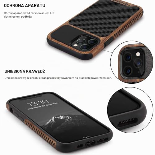 TENDLIN Etui iPhone 11 Pro Hybrydowe z drewna i węgla i skóry kompatybilne z iPhone 11 Pro (czarny)