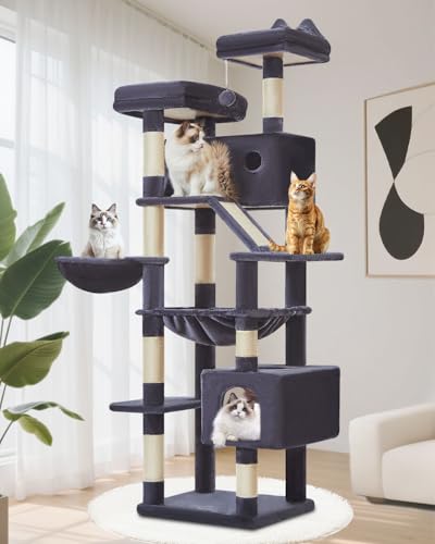 Taoqimiao 180CM Kratzbaum Groß, Katzenbaum Katzen Kratzbaum Grosse Katzen Stabil mit 2 Katzenhaus, Metallhängematte, Korb, 8 Kratzsäulen, Katzenkratztafel, MS026LG Dunkelgrau