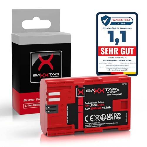 Baxxtar LP E6 Batería 2250mAh 16,2Wh 7,2V Compatible con Canon EOS 5D Mark II III IV 5DS R R5 6D 7D 60D 60Da 70D 80D 90D XC10 XC15 5 6 7 60 70 80 90 D XC 10 15 WFT E5 E7 LPE6 LP E6