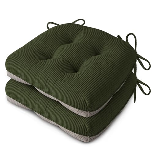 FlyGulls Anti Slip Kitchen Chair Cushions Set of 2 18"X16.5"X3" Dark Green