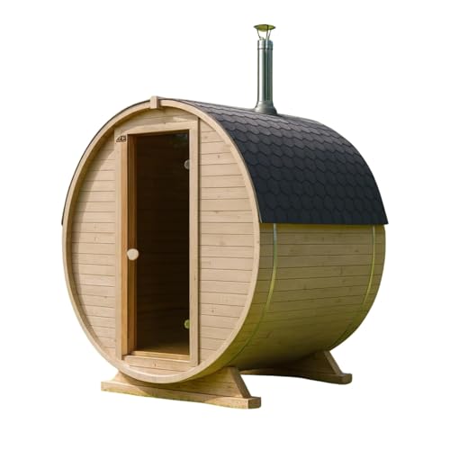 Gardj Fasssauna Garten Outdoor Sauna aus nordischer Fichte – Verschiedene Größen (2–6 Personen) – Wahlweise mit Holz- oder Elektroofen – Inkl. Zubehörset (180 cm, Runde, Holzofen)