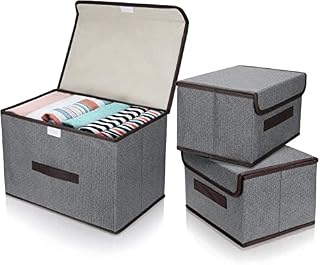 QINGHEC 3 Pcs Fabric Foldable Storage Boxes with Lids (2 Size), Grey Collapsible Storage Bins with Handles for Toy, Books, Bedroom Closet Office Living Room