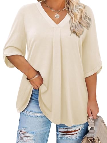 Siddhe Plus Size Tops for Curvy Women, Plus Size Womens Shirts Dressy Casual Spring Loose Fit V Neck Blouses 3/4 Bell Sleeve Tunic Tops Solid Color 2025 Summer Tunic Formal Blouse, Beige, 5XL