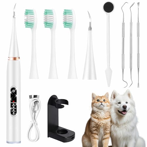 SENLINLIN Zahnsteinentferner Ultraschall für Hund & Katze, Elektrischer Zahnreiniger mit 5 Modi, 2 Reinigungsköpfen & 3 Bürstenköpfen, Zahnreinigung Set für Haustiere zur Zahnpflege & gegen Mundgeruch