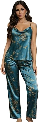 BuyBuddy Floral Satin Night Suit Set for Women – Soft Silky Cami Top &amp; Pajama Sleepwear, Comfortable Stylish Loungewear fo...