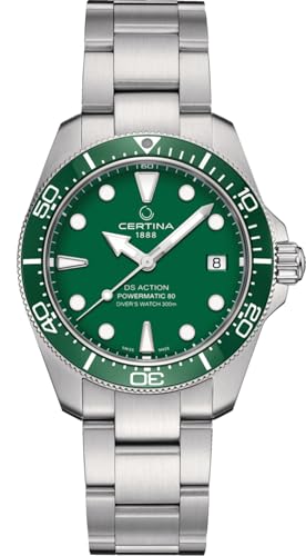Certina, Mens, DS Action Diver 38mm Powermatic 80, Stainless Steel, Swiss Automatic, Watch, Green, Stainless Steel (C0488071109100)
