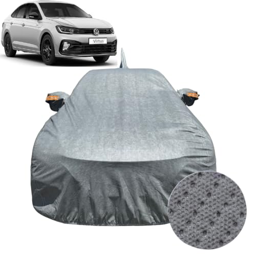 Image of Car Cover Compatible For Volkswagen Virtus (2022-2026) | 100% Waterproof Cover with Antenna & REFLECTIVE Mirror Pockets | Dustproof, Scratchproof, Heatproof Car Cover |Soft Cotton Lining|GREY