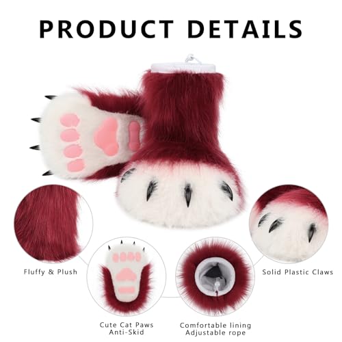 Image of Animal Fuzzy Slippers Bear Cat Wolf Dog Fox Fursuit Feet Paw Claw Shoes Furry Boots Costume Accessories for Adult Kids