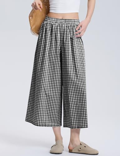LOMON Womens Wide Leg Capri Pants Cotton Gingham Plaid Culottes Summer Elastic Waist Palazzo Trousers Bottoms with Pockets3