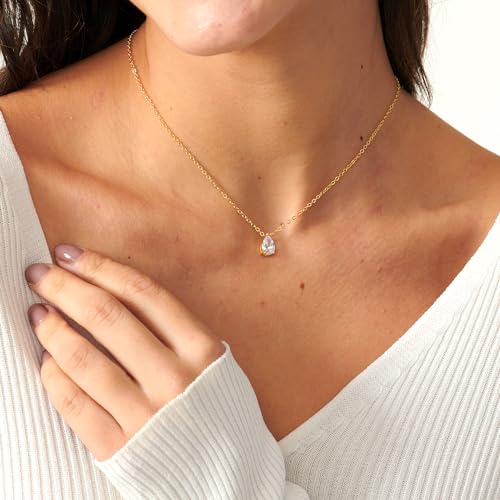 Dainty Gold Necklace-14k Gold Plated Solitaire Cubic Zirconia Necklaces Tiny Round Teardrop CZ Layered Necklaces Dainty Butterfly Leaf Flower Necklace for Women 16.5”+2”3
