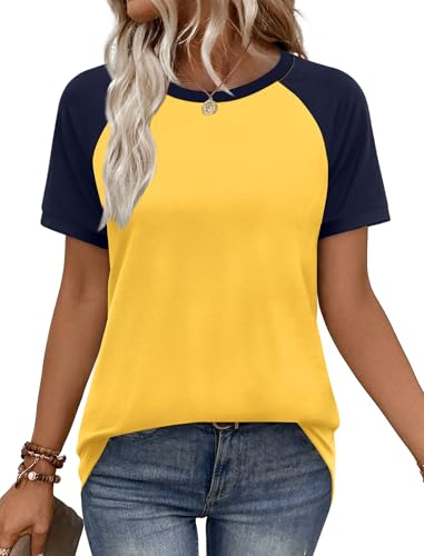 WIHOLL Oversized Tshirts for Women Summer Tops Short Sleeve Fashion Clothing Spring Clothes Beach Vacation Outfits Round Neck Shirts Casual Loose Fit Navy Yellow XL