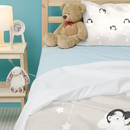 Housse de couette pingouin et 2 taies d'oreiller gris clair pour lit simple - 5