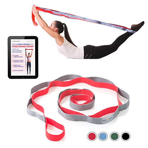 sport2people Stretch Gürtel und Yoga Gurt für Physikalische Therapie mit 2 kostenlosen E-Books - Multi-Schlaufen Rehabilitation&Yoga Band für mehr Flexibilität (Rot-grau)