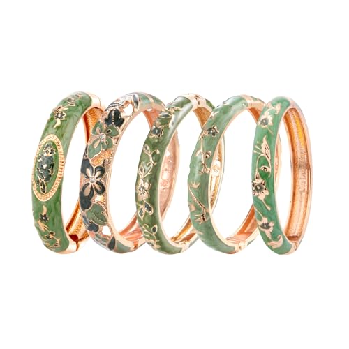 Image of UJOY Bangles 5 Pcs Enamel Jewelry Set Rose Flower Engraved Cloisonne Bracelets Pack in a Box 5PCS
