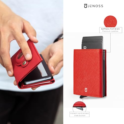 Jenoss Smart AirTag Wallet for Men & Women: Full Grain Leather, Handcrafted, Black Pop Up Case, Slim, RFID Blocking, Credit Card Holder Apple Air Tag Tracker Trifold Minimalist 12 Slot ID(Red & Black)3