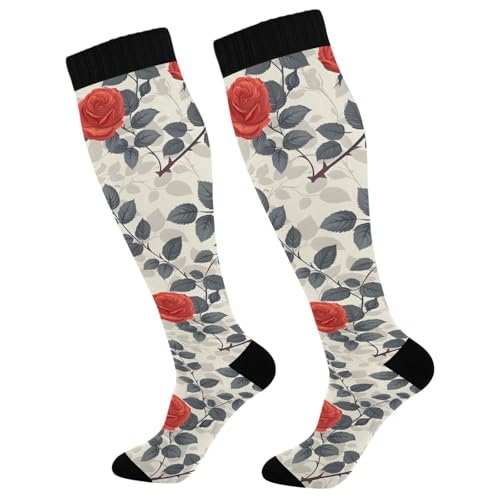 MFTJYO Rose Red Floral Oil Flower Compression Socks for Women Men Circulation Long Knee High Socks for Athletic Sports Running