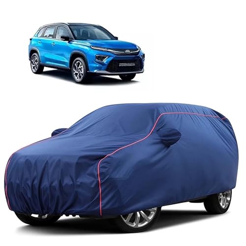 Image of Sulfar 100% Water Resistant Car Body Cover Compatible with Mirror for Toyota Urban Cruiser Hyryder (Triple Stitched, Full Bottom Elastic, Blue Tafetta with Red Piping)