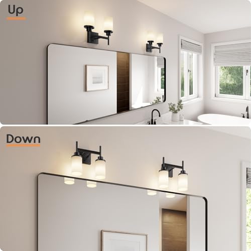 Image of Wall Light Fixtures Matte Black Bathroom Vanity Lights Over Mirror with White Frosted Glass, Double Wall Lamps for Hallway Washroom Porch T001MB-L2