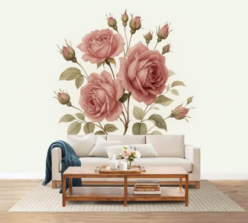 Wall Mural Peel and Stick Soft Pink Roses Delicate Green