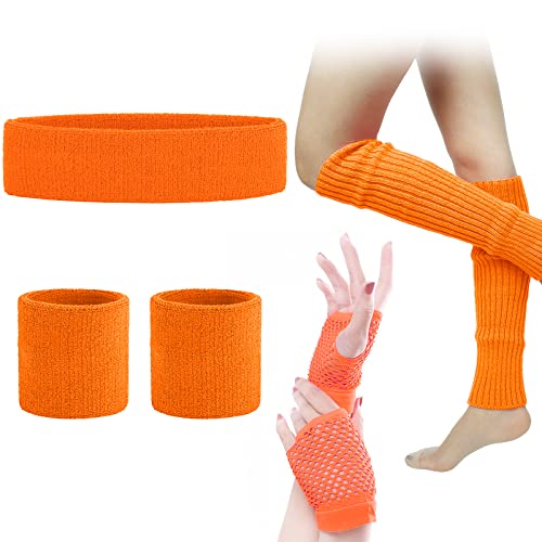 SPOKKI Leg Warmers Fishnet Gloves Headband Wristbands Neon Set, 80s Women Fancy Dress Costume Accessories