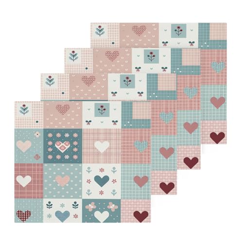 YANENDIE Simple Checkered Hearts Washcloths Towels, Highly Absorbent and Soft Cotton Face Cloths, 4 Pack Quick Dry Wash Cloths - 12 X 12 Inches