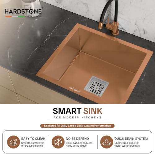 Image of HARDSTONE Premium Kitchen Sink | Single Bowl 16x18x9 Inch | Handmade Heavy Duty Stainless Steel Wash Basin with Matte Rose Gold Finish | Includes Waste Hose Pipe, Coupling & Drying Rack | Rose Gold