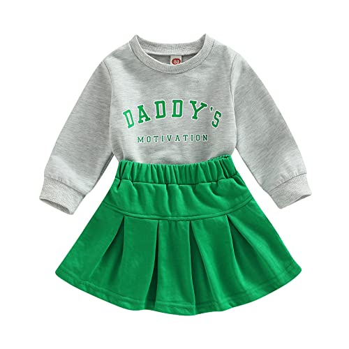 Toddler Baby Girl Spring Fall Outfit Daddy 'S Motivation Print Sweatshirt Pleated Mini Skirt Set St Patricks Day Clothes (Grey Green, 18-24 Months) #TOP15
