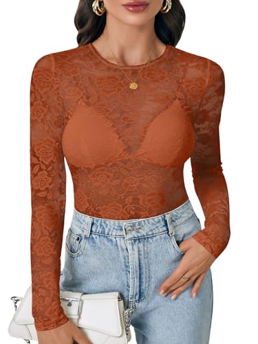 LYANER Women's Floral Lace Sheer Mesh Sexy Blouse Dark Caramel X-Small