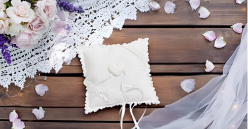 Miss Lovely Ringkissen Hochzeit & Standesam mit Herz & Spitze Traukissen für Ehe-Ringe in Leinen-Optik mit Satin-Schleife Hochzeitsdekoration Accessoires & Zubehör (Herz Creme & Weiß)