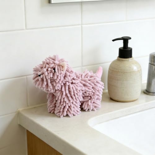 FAGOBI Cute Dog Chenille Hand Towel, 3D Fuzzy Puppy Hangable Ball Hand Towel Microfiber Super Soft Absorbent Bathroom & Kitchen Towels with Hanging Loop, Can Be Placed on the Sink Countertop (Pink) — view 2