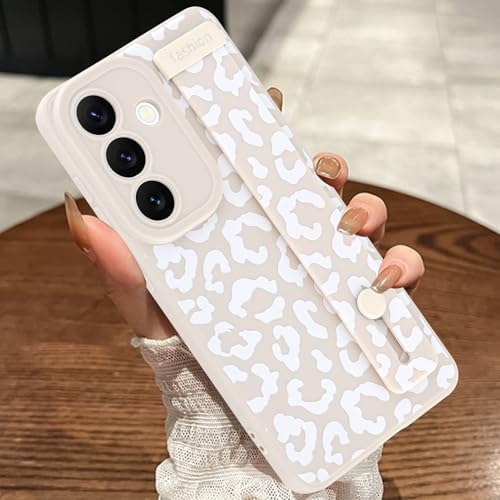 Image of Compatible with Samsung Galaxy S26 Plus Case with Strap Wrist White | Cheetah Print Shockproof Soft TPU Protective Cover for Women Girls, Slim Anti Scratch Case 6.7 Inch, White