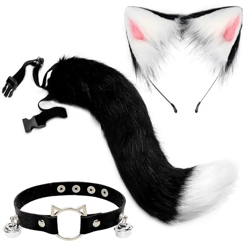 Orgoue Cat Costume Accessories, Fox Wolf Costume Accessories Black Cat Tail Ears Headband for Adult Women for Halloween