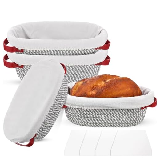 Gejoy Conjunto de 4 cestas ovais para pão Banneton com corda de algodão de 25 cm com forros e coberturas, cestas de impermeabilização para assar massa fermentada com 4 unidades para padeiros caseiros