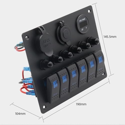 Panneau de commutation 6 interrupteurs marine en aluminium avec voltmètre et double USB