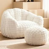 KINGYES Giant Bean Bag Chair with Ottoman, 3 in 1 Bean Bag Couch with Memory Foam Filler,Gaming Chair for Adults, Bean Bag for Kids & Teen, Beige