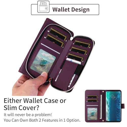 Furiet Argyle Wallet Case for Moto Edge Plus 2020 with Wrist Strap Shoulder Strap, Card Slots Zipper Purse Luxury PU Leather Stand Cell Phone Cover for Motorola Edge+ + XT2061 Women Girls Deep Purple by Furiet - Image 5