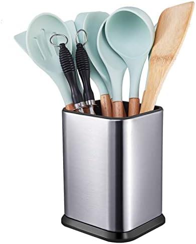 RedCall Stainless Steel Kitchen Utensil Holder for Countertop,Large Cooking Utensils Organizer for Spatula Spoon,Weighted Base Modern Rectangular Utensil Caddy Counter,Utensil Crock Silver