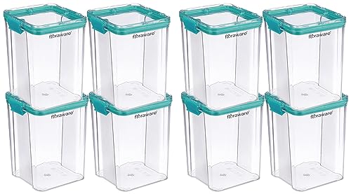 Floraware Food Safe Modular Plastic Square Airtight Containers, Stackable container, Storage Jar with Lid, Pack of 8, 1200ml, Blue