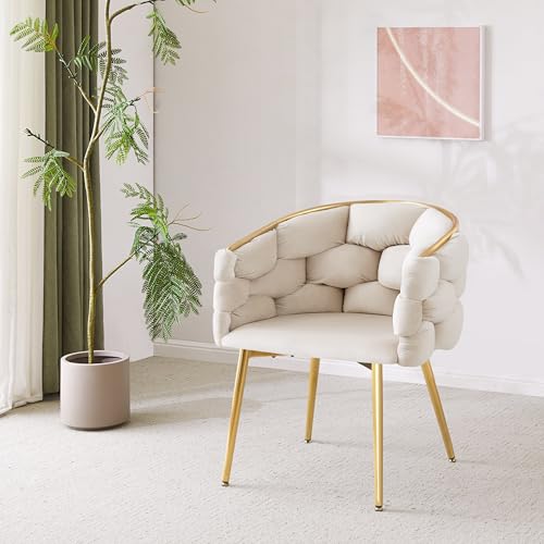 Lestarain Sessel Wohnzimmer, Armlehnensessel mit geflochtener Rückenlehne, Loungesessel Relaxsessel Lesesessel Einzelsofa, Polstersessel mit Samtbezug Metallbeinen, Beige, LUNI1018