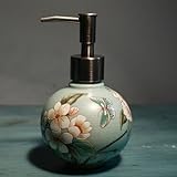 Handmade Ceramic Soap Dispenser for Bathroom Kitchen Shower Round Ball Shaped Decorative Vintage Chinese Painting Refillable Hand Lotion Pump Bottle for Liquid Soap Shampoo Lotions Light Green