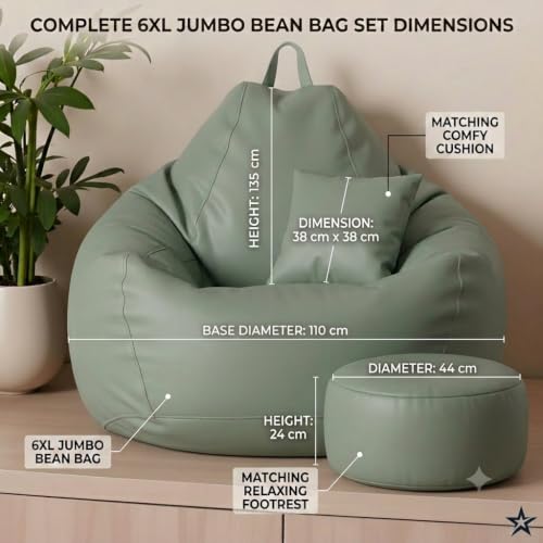Image of KAM'S LIEU Leatherette Bean Bag Chair with Footrest | Filled with EPS Beans | Comfortable Sofa for Living Room & Bedroom | 4XL Size, Easy to Clean Color- (Green)