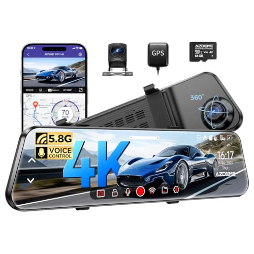 AZDOME PG17 2CH Mirror Dash Cam 4K - 12' Touch Screen - 24H Parking Mode - Mirror Dash Cam - Minimize Blind Spots - Built-in GPS & WiFi - Reverse Assist...