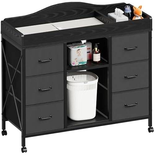 YeTom Changing Table, 6-Drawer Dresser, Adjustable Shelves, Mobile, Black