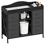 Yetom Changing Table, 6-Drawer Baby Dresser with Changing Table top,Waterproof Diaper Changing Station & Pad, 2 Height-Adjustable Open Storage Shelves, Mobile Nursery Organizer, Black