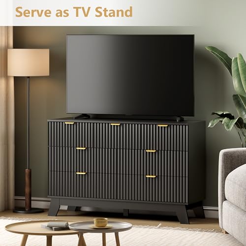 Image of Wodeer 7 Drawer Fluted Dresser for Bedroom, Mid Century Modern Dresser with 7 Drawers, Dressers & Chests of Drawers with Metal Handle, TV Stand & Storage Organizer for Entryway, Hallway, Black