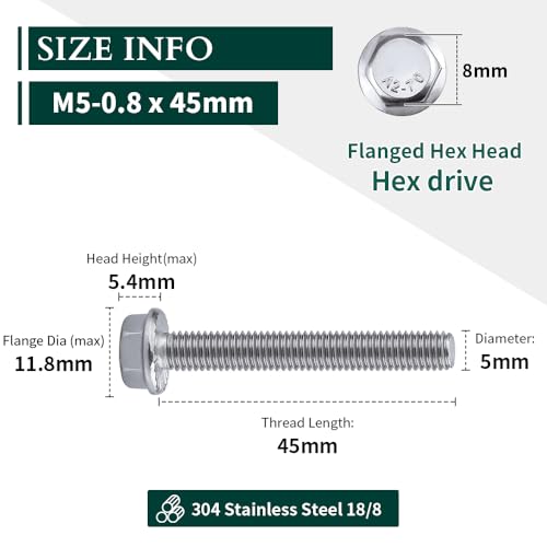 Image of M5-0.8 x 45mm Hex Flange Bolt (1.77 inch Thread Length), DIN6921, Serrated Locking Flange, 304 Stainless Steel, UNC Full Thread, 30-Pack
